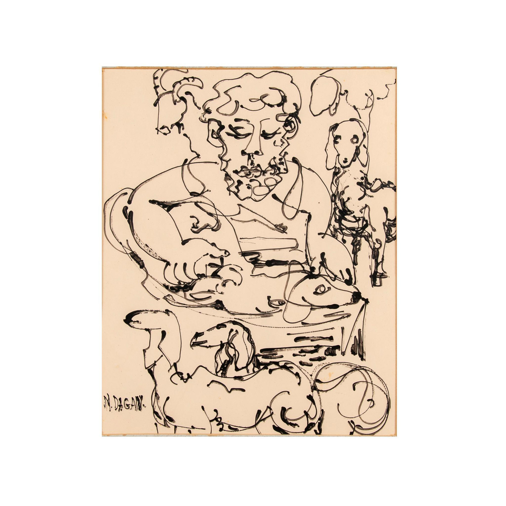 Dagan, Original Ink Drawing on Paper, Shepherd, Signed - Image 2 of 5
