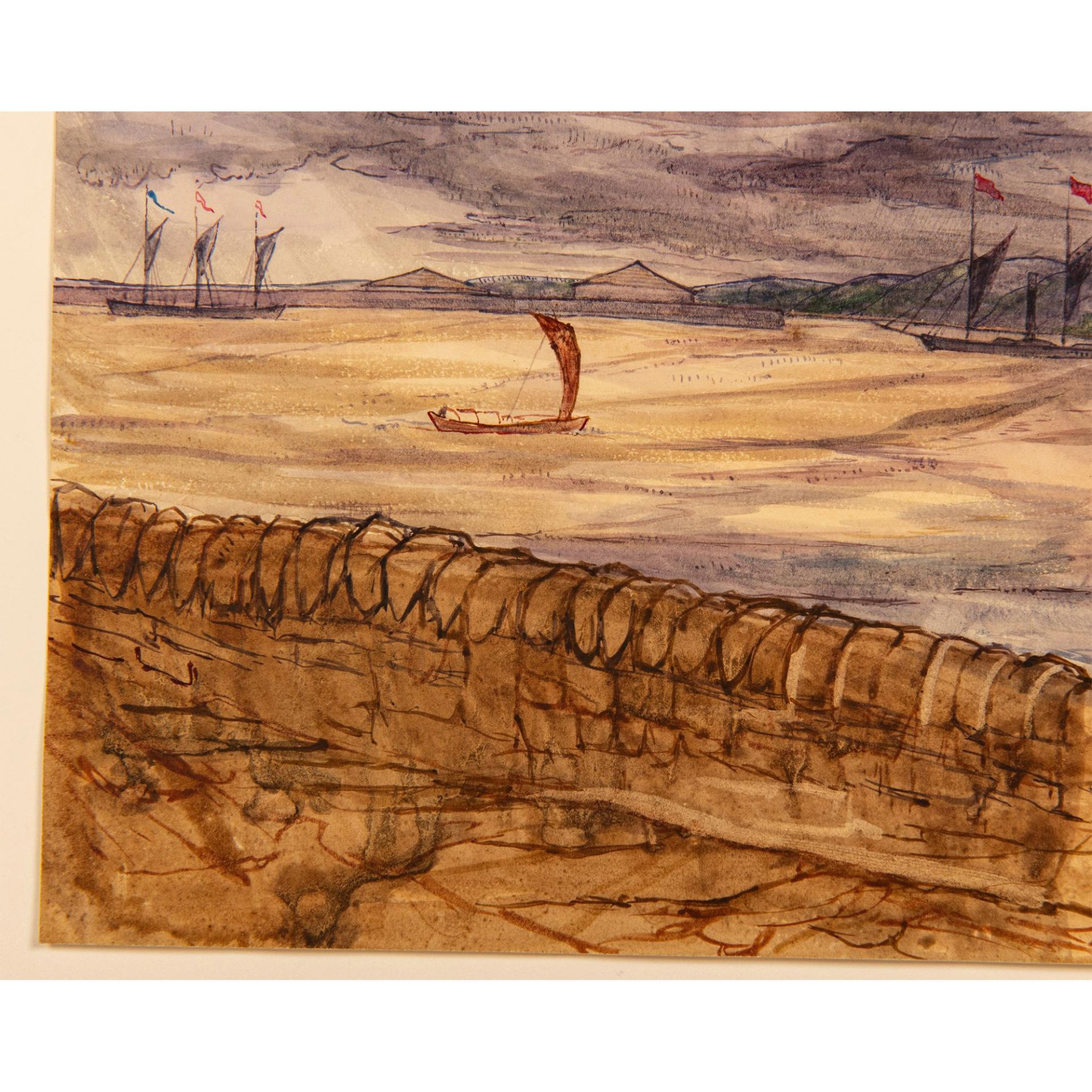 Original Watercolor on Paper, Stormy Sea with Ships - Image 3 of 4
