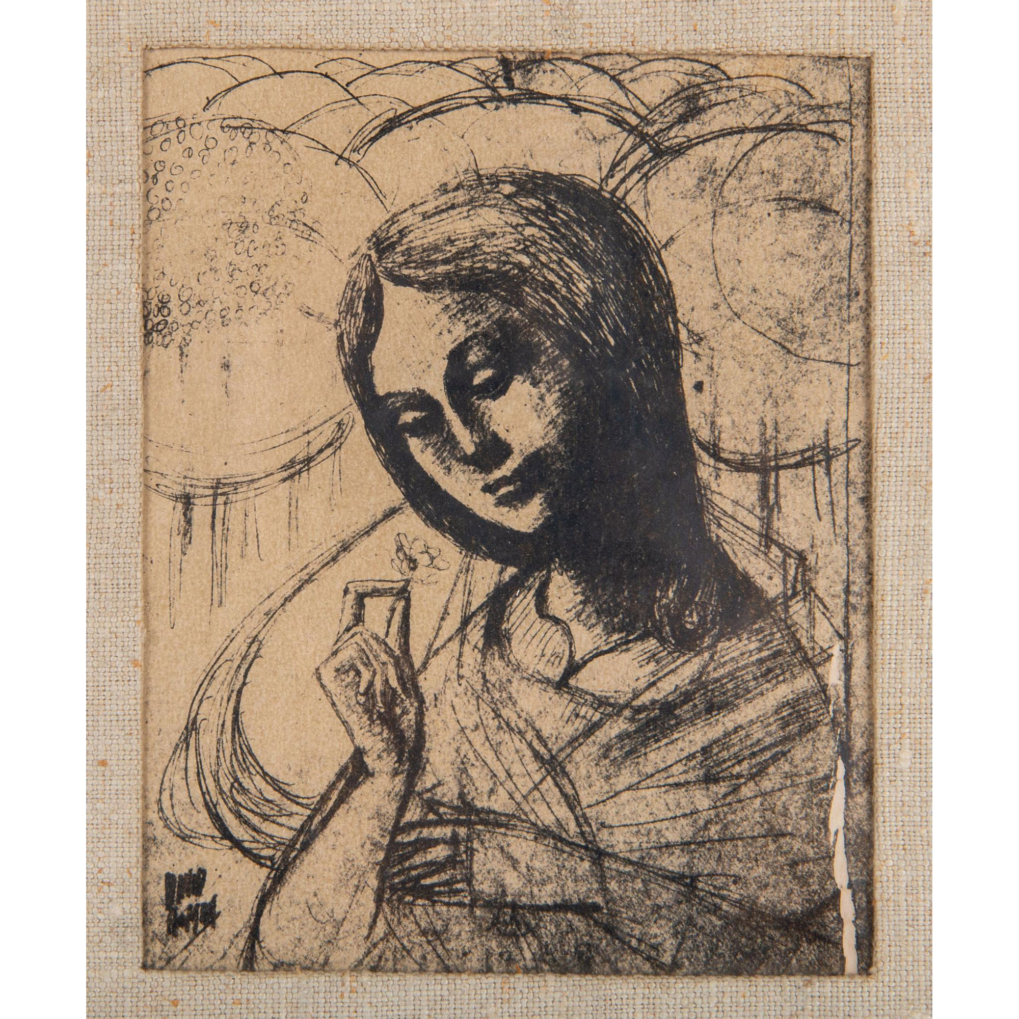 Original Etching on thick paper, Woman with Flower, Signed - Image 2 of 4