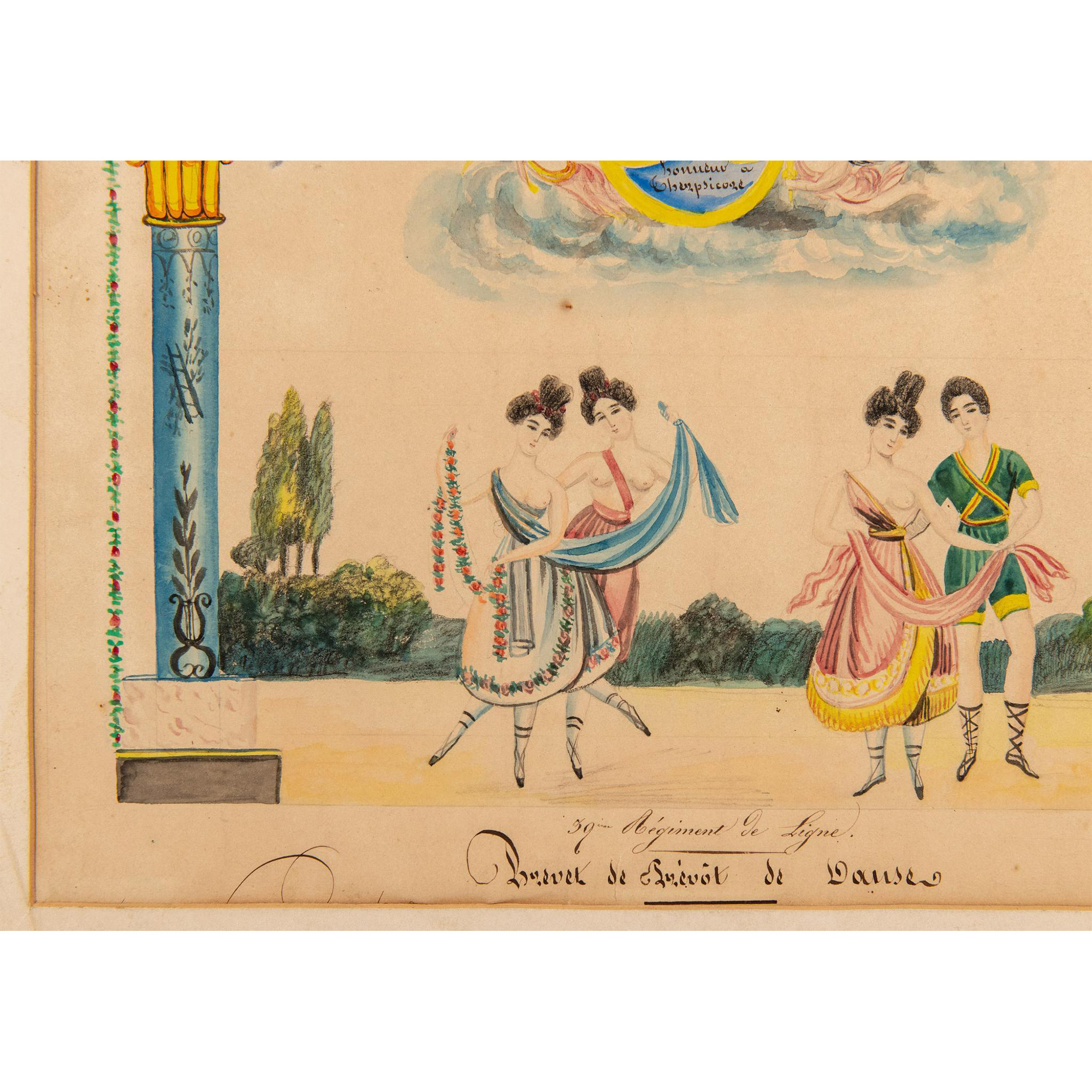 Antique Watercolor & Ink on Paper, French Dance Certificate - Image 3 of 7