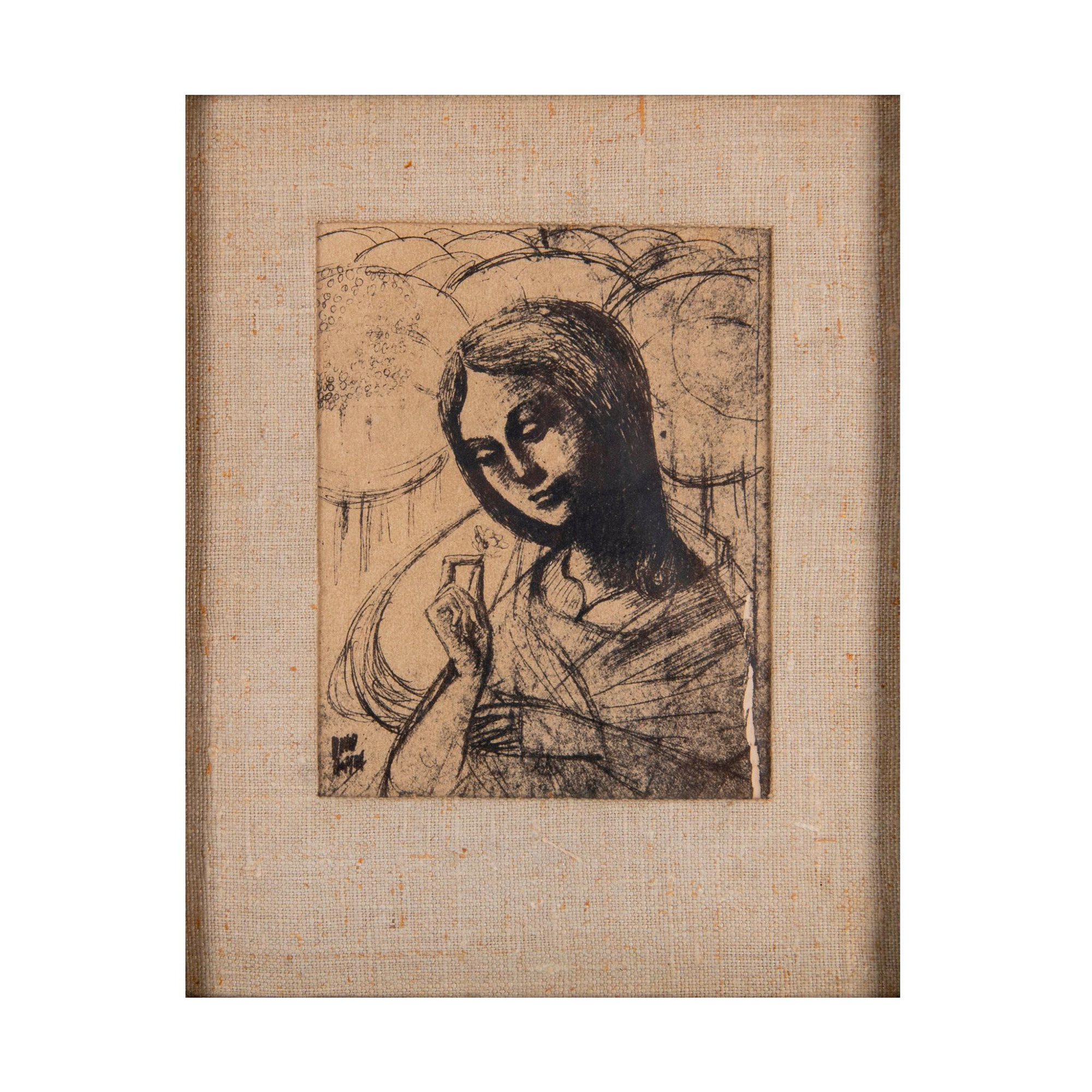 Original Etching on thick paper, Woman with Flower, Signed - Image 3 of 4