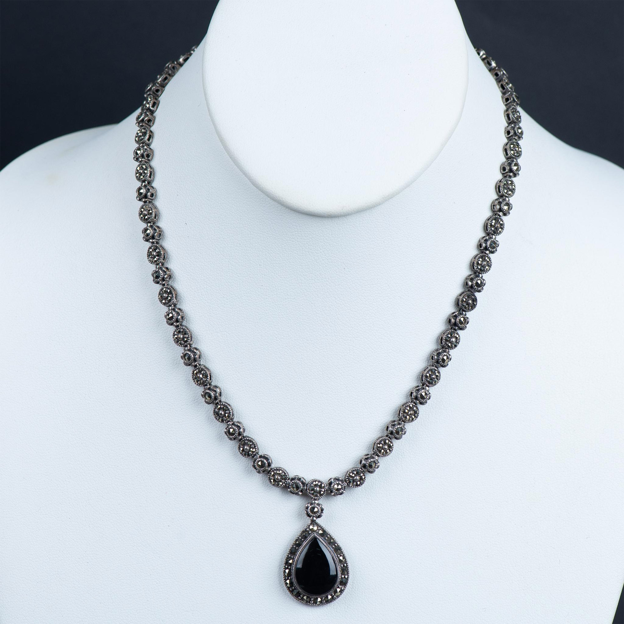 Pretty Sterling Silver, Marcasite, and Onyx Necklace - Image 2 of 6