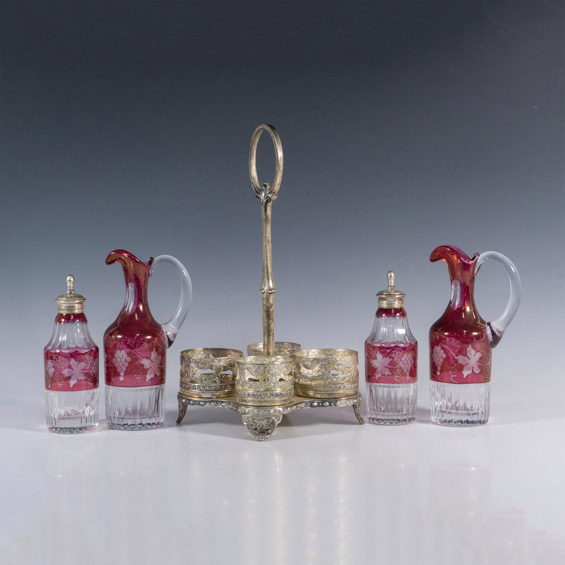 5pc Silver Metal Art Glass Condiment Caddy Set - Image 3 of 4