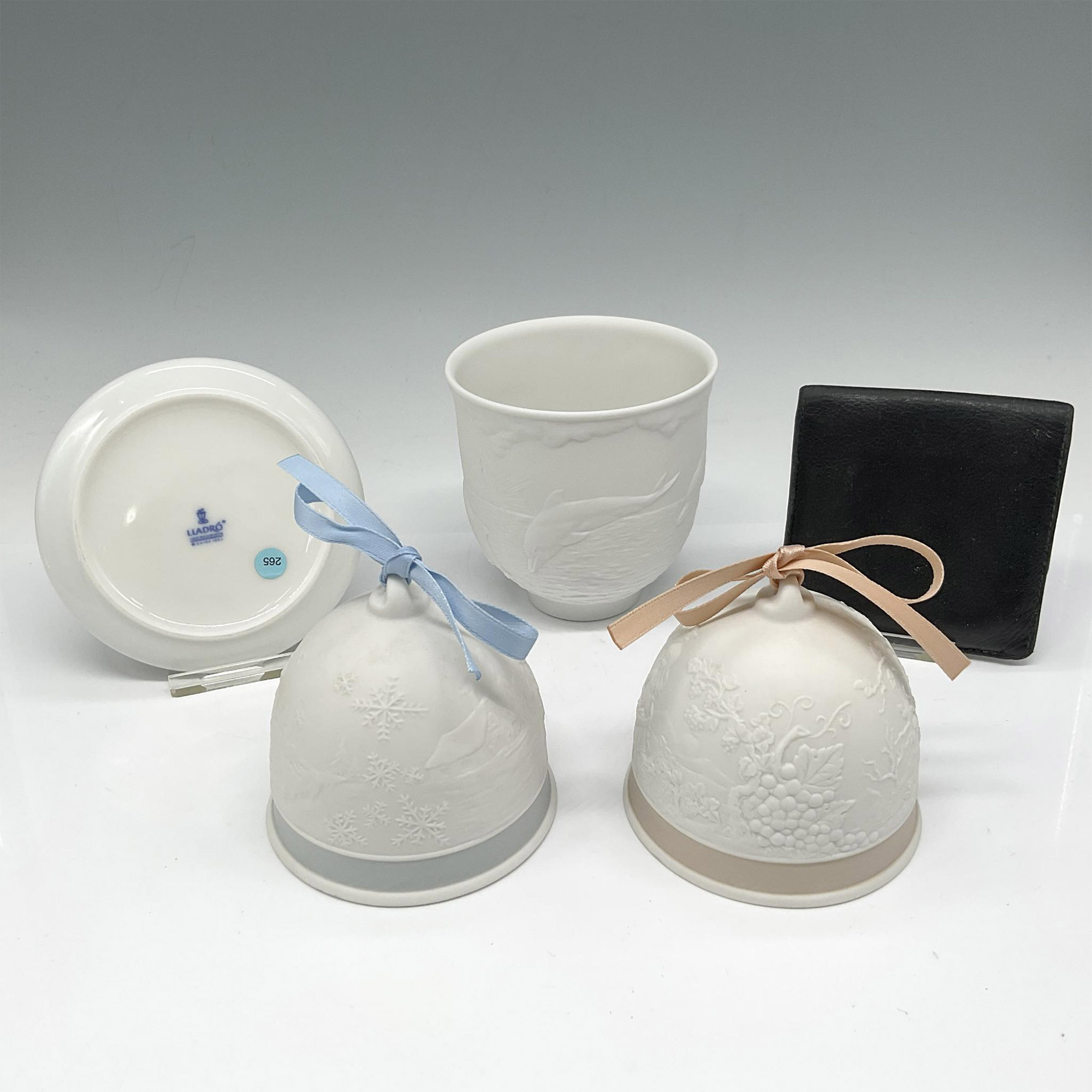 5pc Lladro CS Bells, Dolphins Cup, Duck Plate & Coin Purse - Image 2 of 4