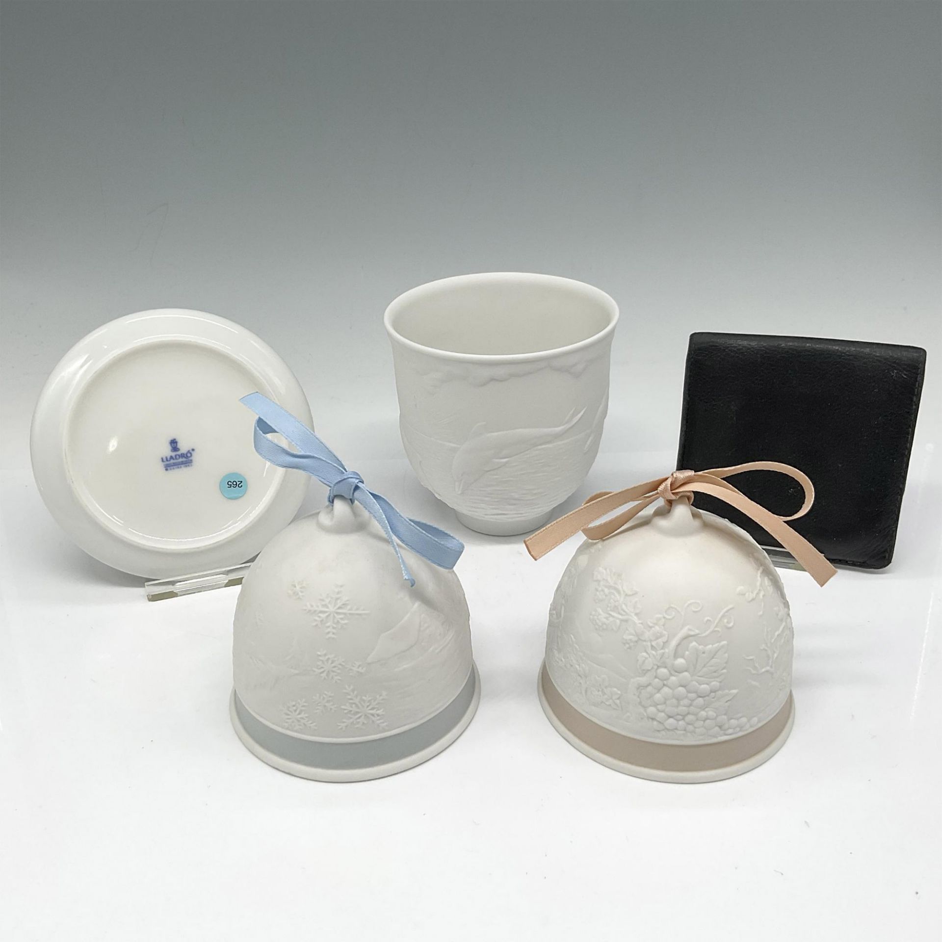 5pc Lladro CS Bells, Dolphins Cup, Duck Plate & Coin Purse - Image 2 of 4