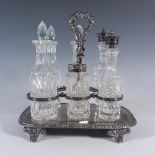 7pc Vintage Silver Metal Tray & Crystal Condiment Containers