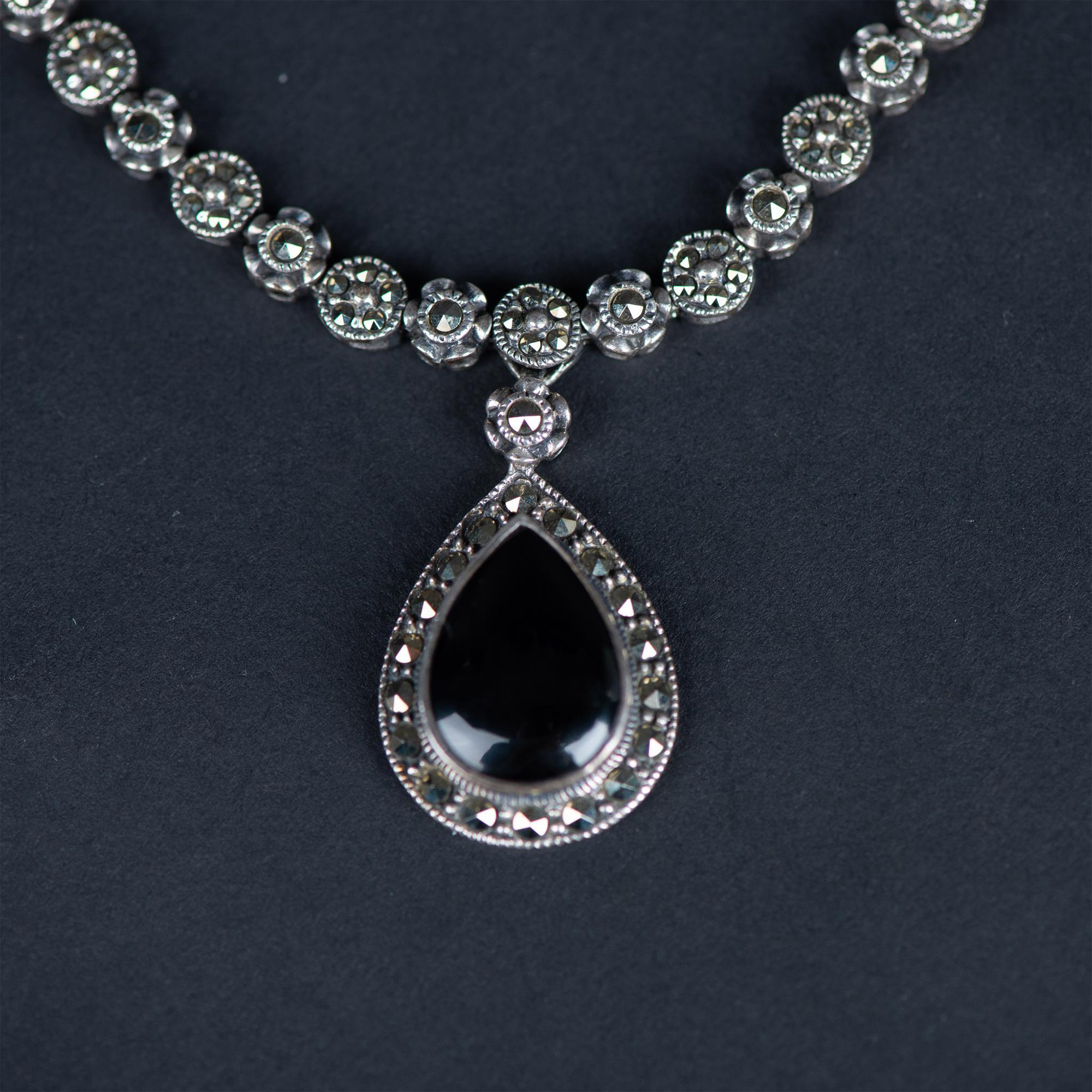 Pretty Sterling Silver, Marcasite, and Onyx Necklace - Image 5 of 6