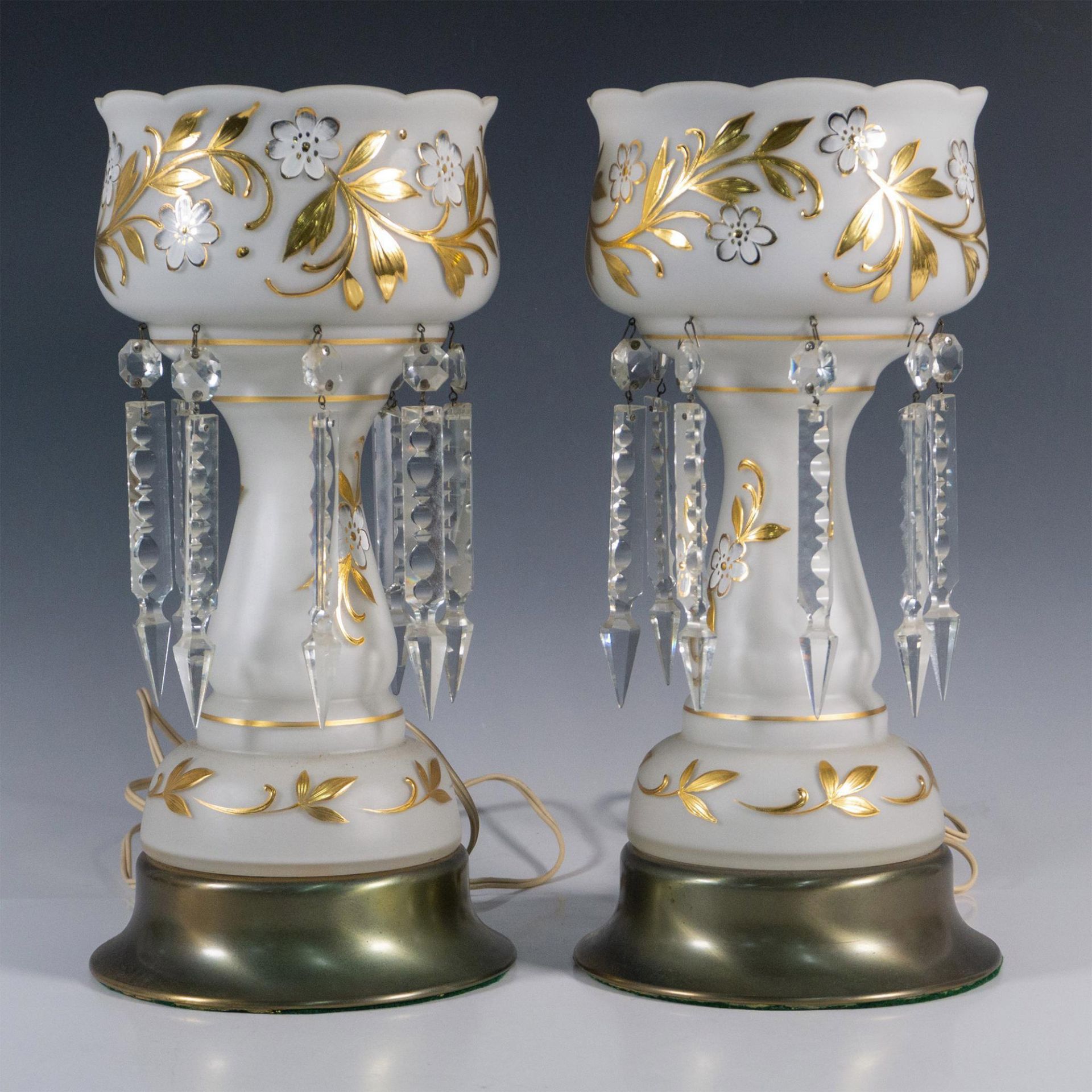 Pair of Handpainted Satin Glass Lamps with Hanging Crystals