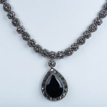 Pretty Sterling Silver, Marcasite, and Onyx Necklace
