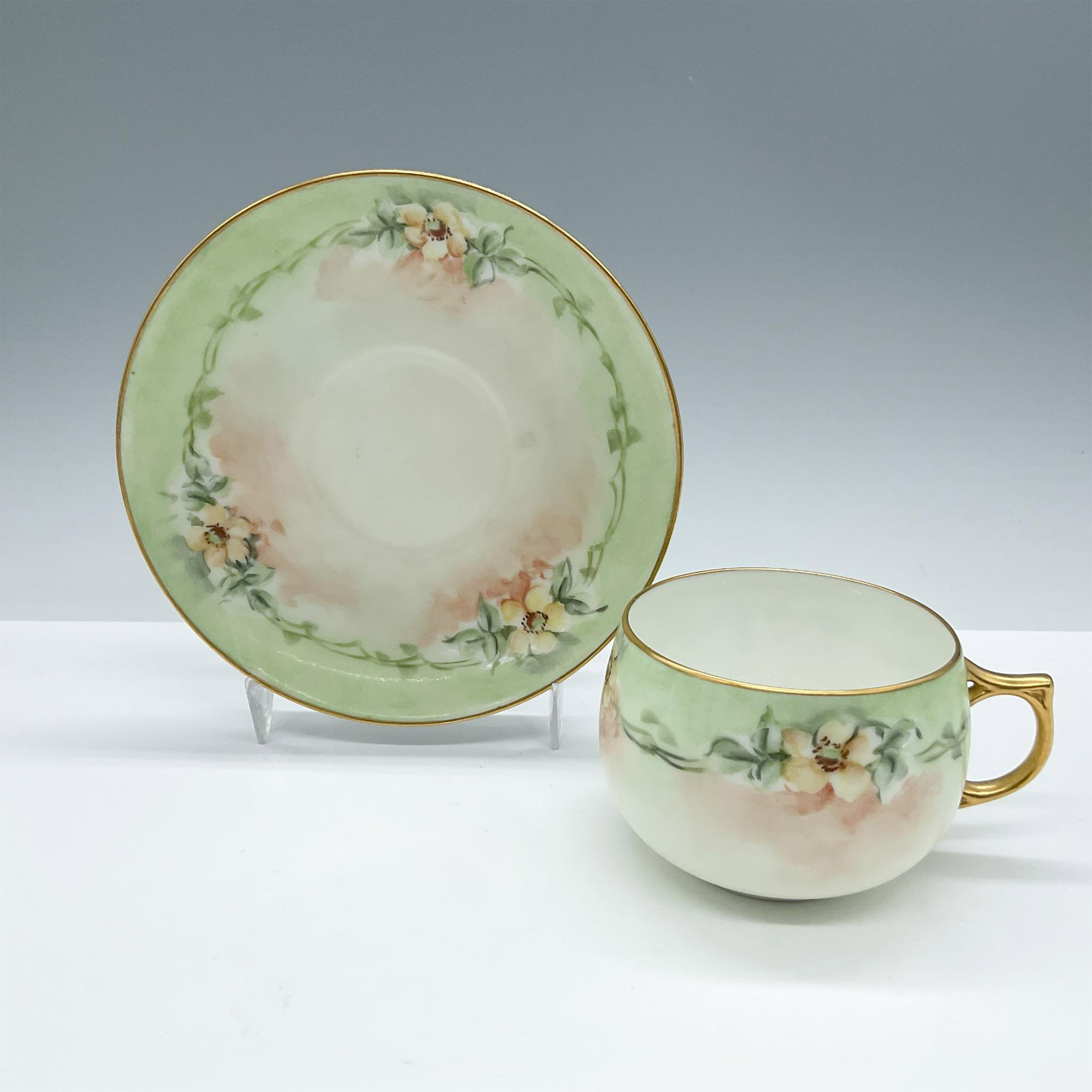 Bavaria Bone China Tea Cup and Saucer, Green Floral - Image 3 of 4