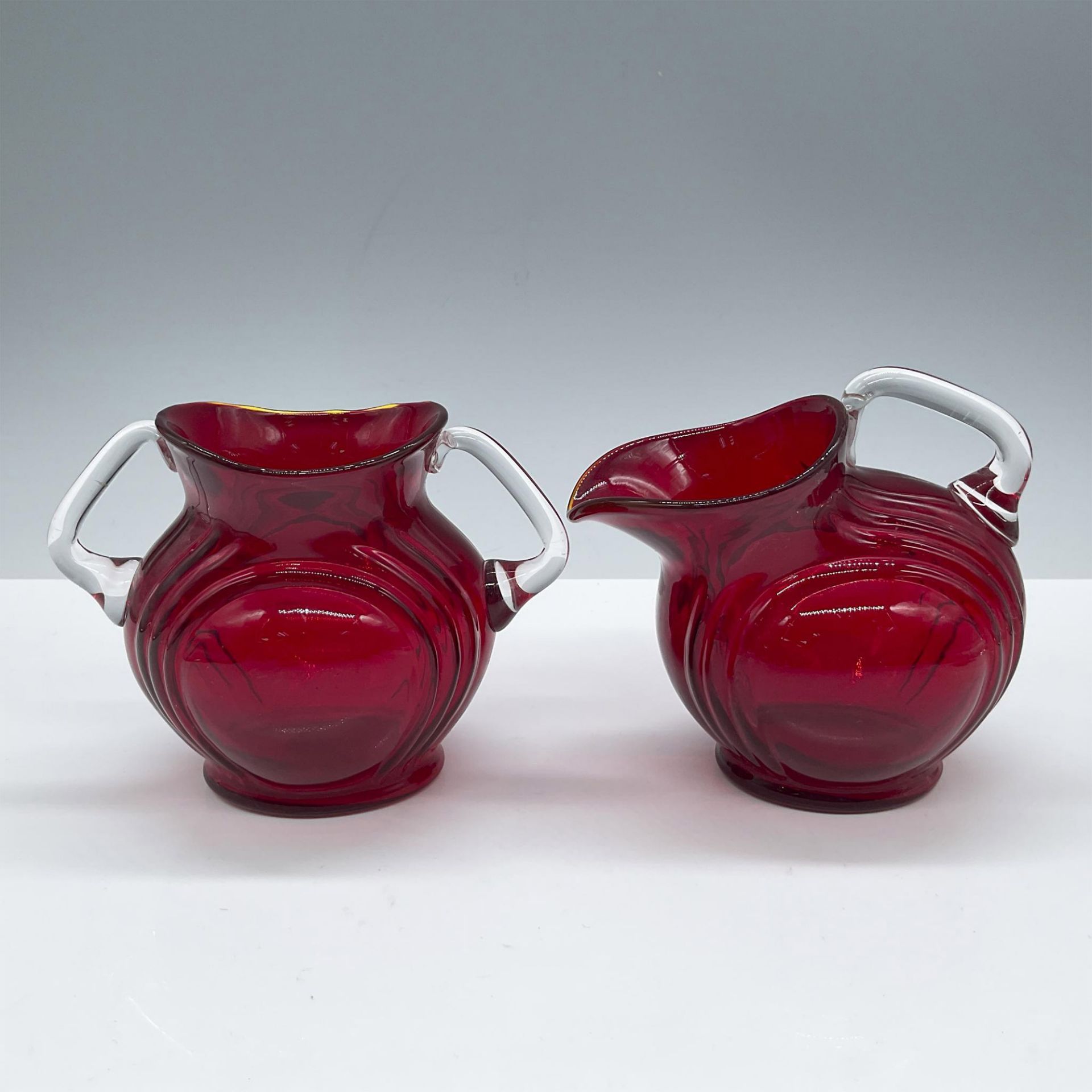 2pc Cambridge Crystal Creamer and Sugar, Ruby Nautilus