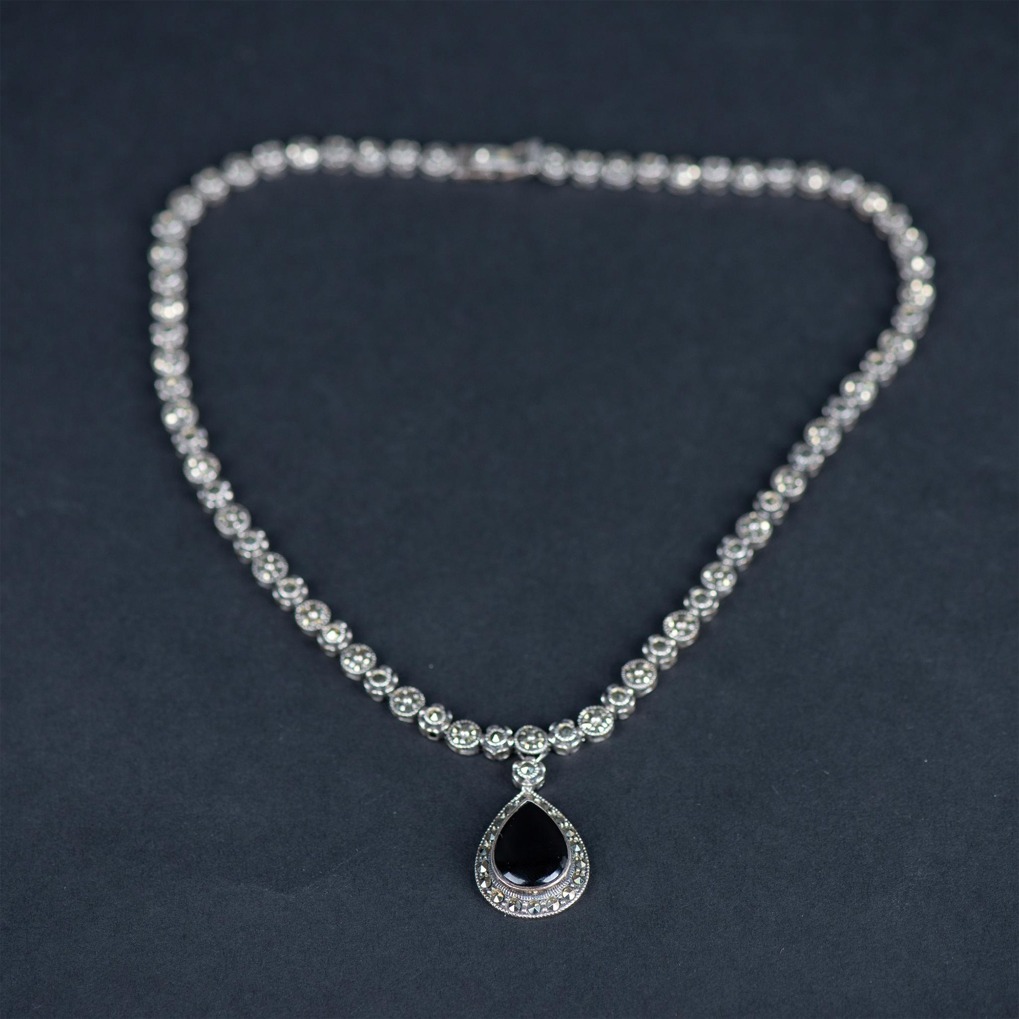 Pretty Sterling Silver, Marcasite, and Onyx Necklace - Image 4 of 6