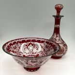 2pc Bohemian Cranberry Cut to Clear Glass Bowl & Decanter