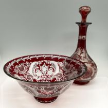 2pc Bohemian Cranberry Cut to Clear Glass Bowl & Decanter