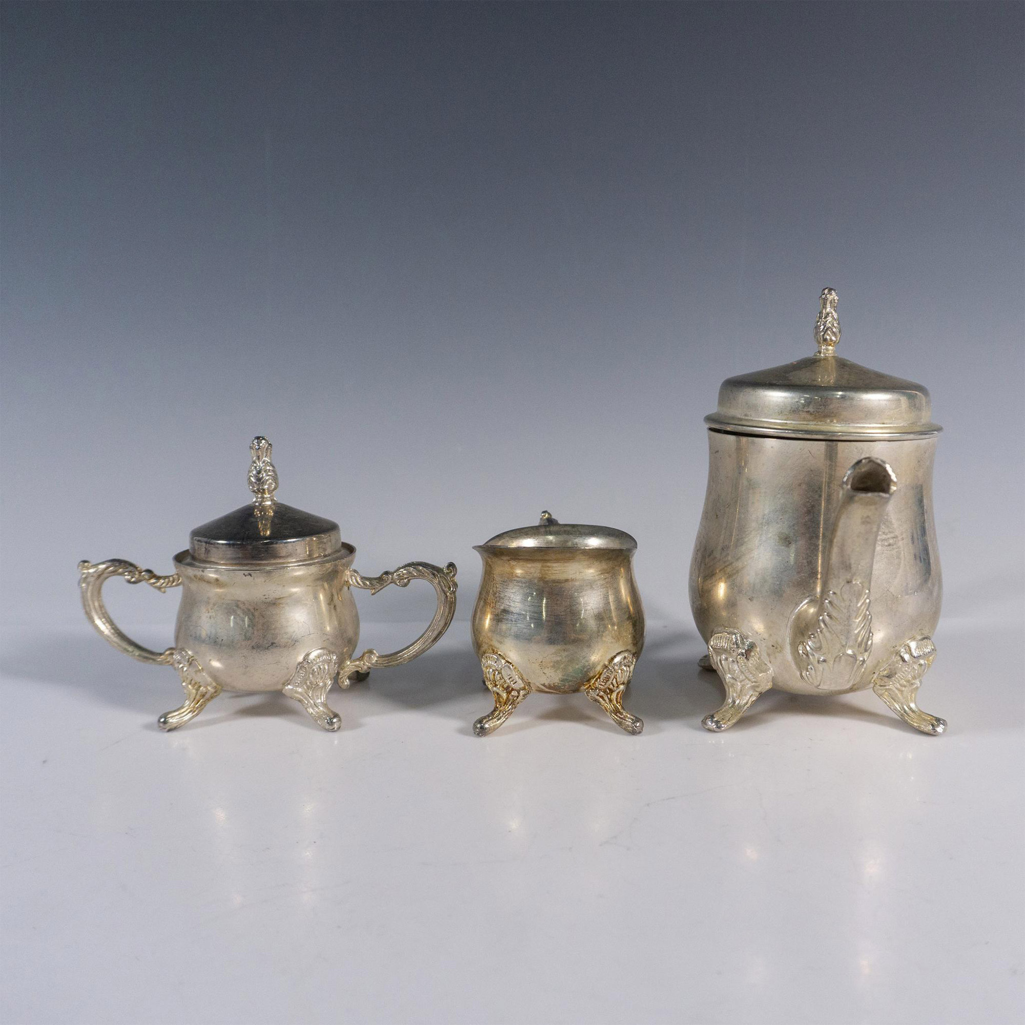 3pc Mini Footed Silver Plated Teapot, Creamer & Sugar Bowl