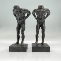 2pc Bronze Bookends, Pondering Nude Man