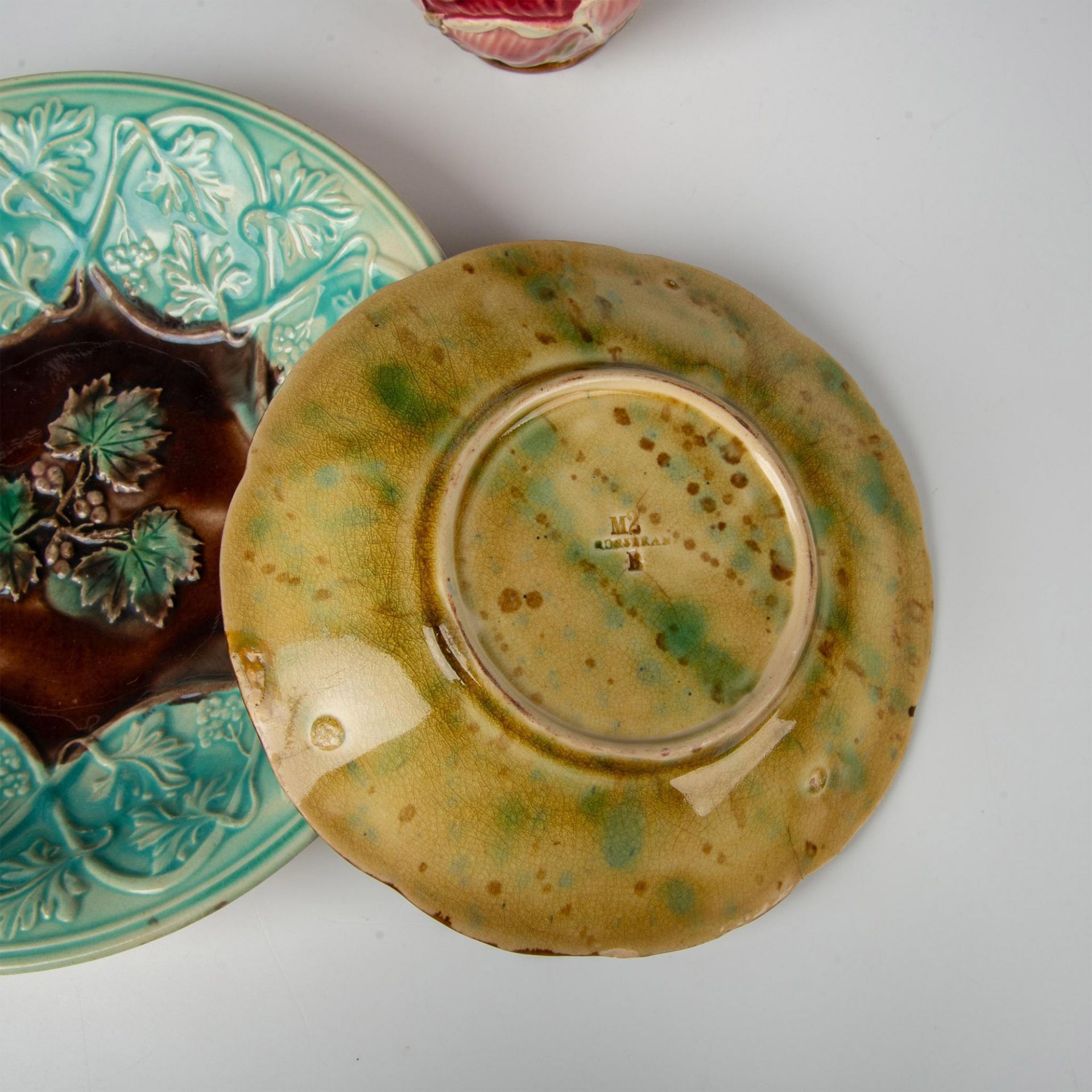 3pc Majolica Pottery Teal Foliage Bowls and Mug - Bild 4 aus 4