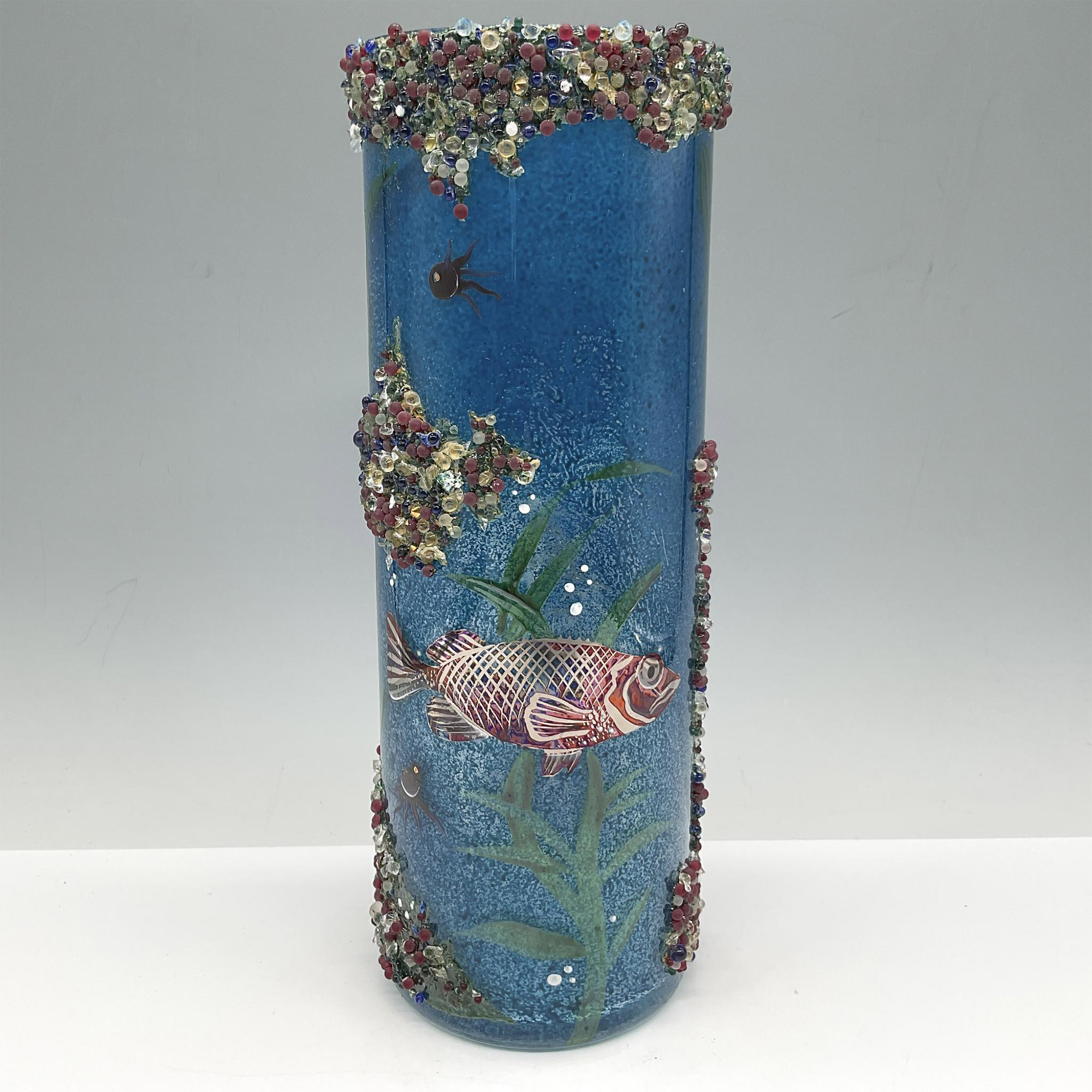 Art Glass Cylinder Aquatic Vase, Signed C. Hommer - Image 2 of 3