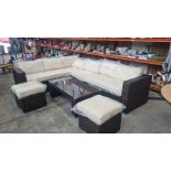 RATTAN CORNER SOFA SET + CREAM ALL WEATHER CUSTIONS & GLASS TOPPED COFFEE TABLE (NEW)