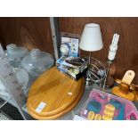 PINE TOILET SEAT, VHS TAPES, LAMP & SHOWER HEAD