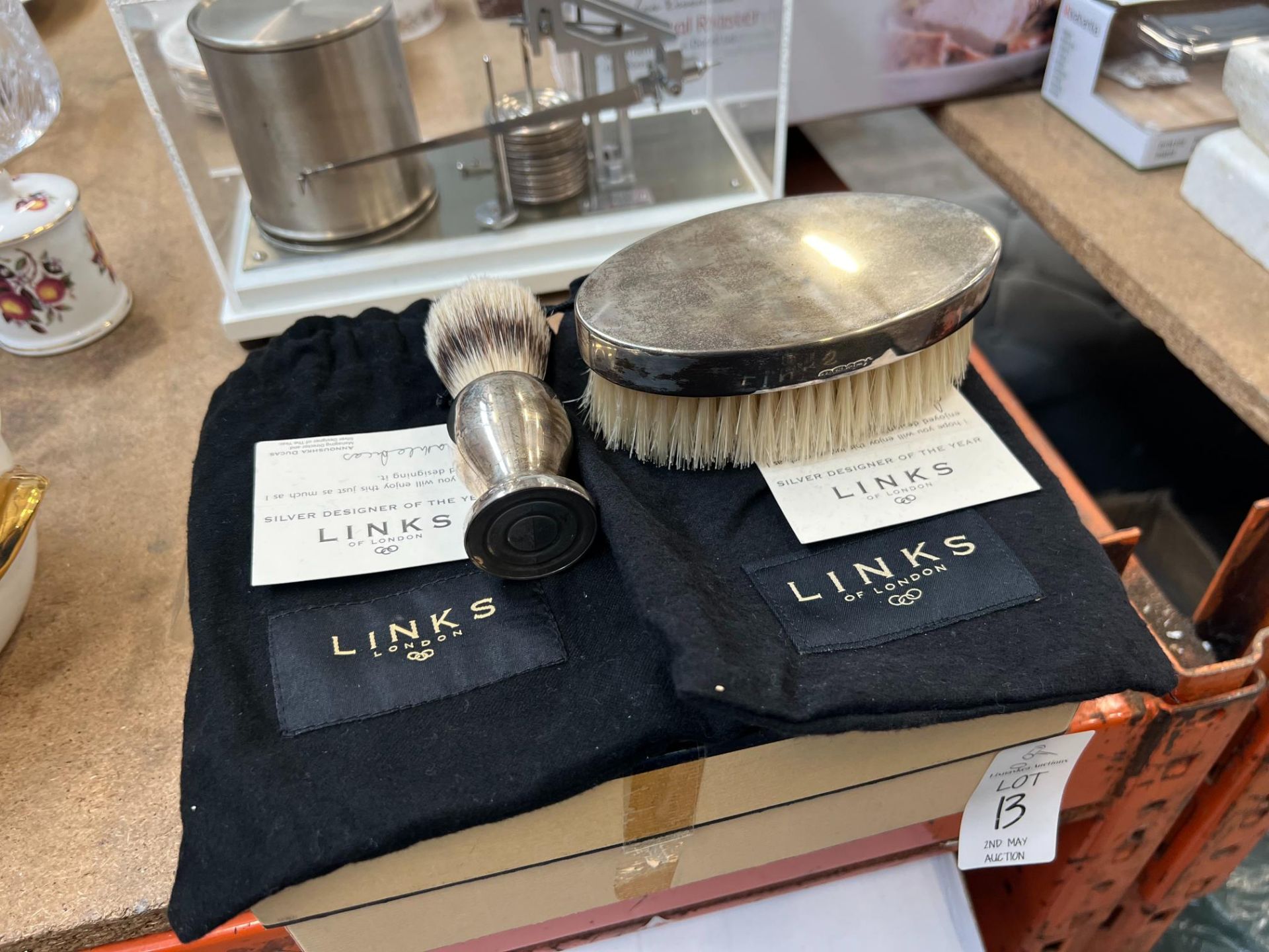 LINKS OF LONDON HALLMARKED SILVER SHAVING BRUSH & CLOTHES BRUSH (COMES WITH BAGS IN BOX)