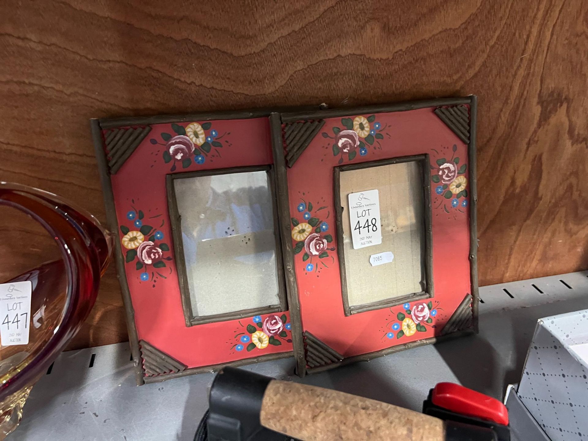 2X HANDPAINTED RED FLORAL PICTURE FRAMES