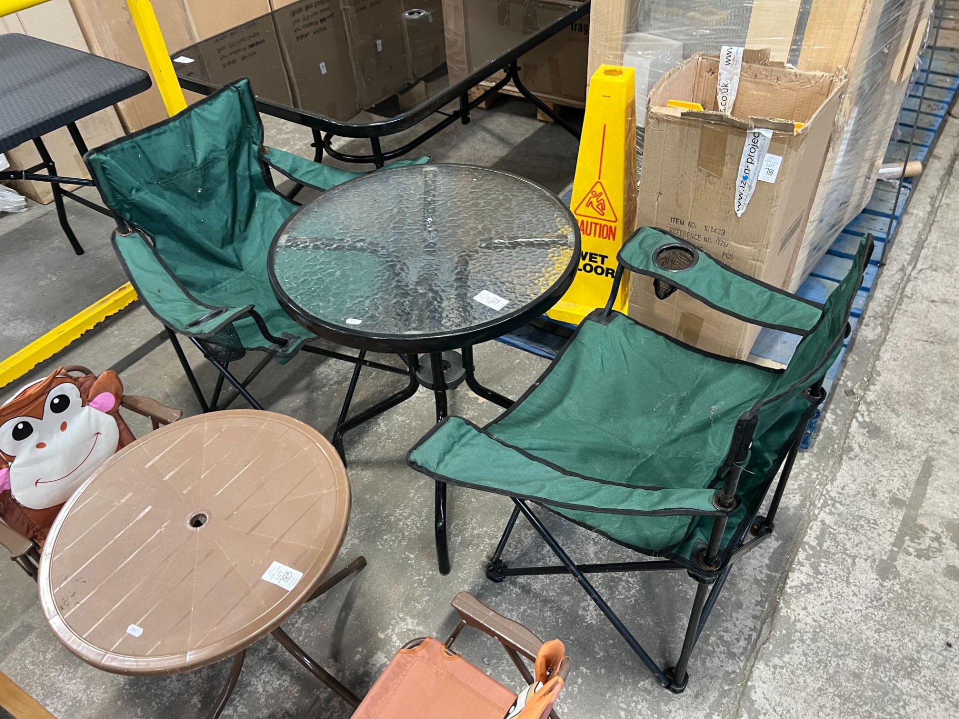 GLASS TOPPED PATIO TABLE AND 2 X FOLD UP CAMPING CHAIRS