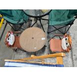 SMALL BROWN CHILDS PATIO TABLE AND 2 X FOLD UP MONKET CHAIRS