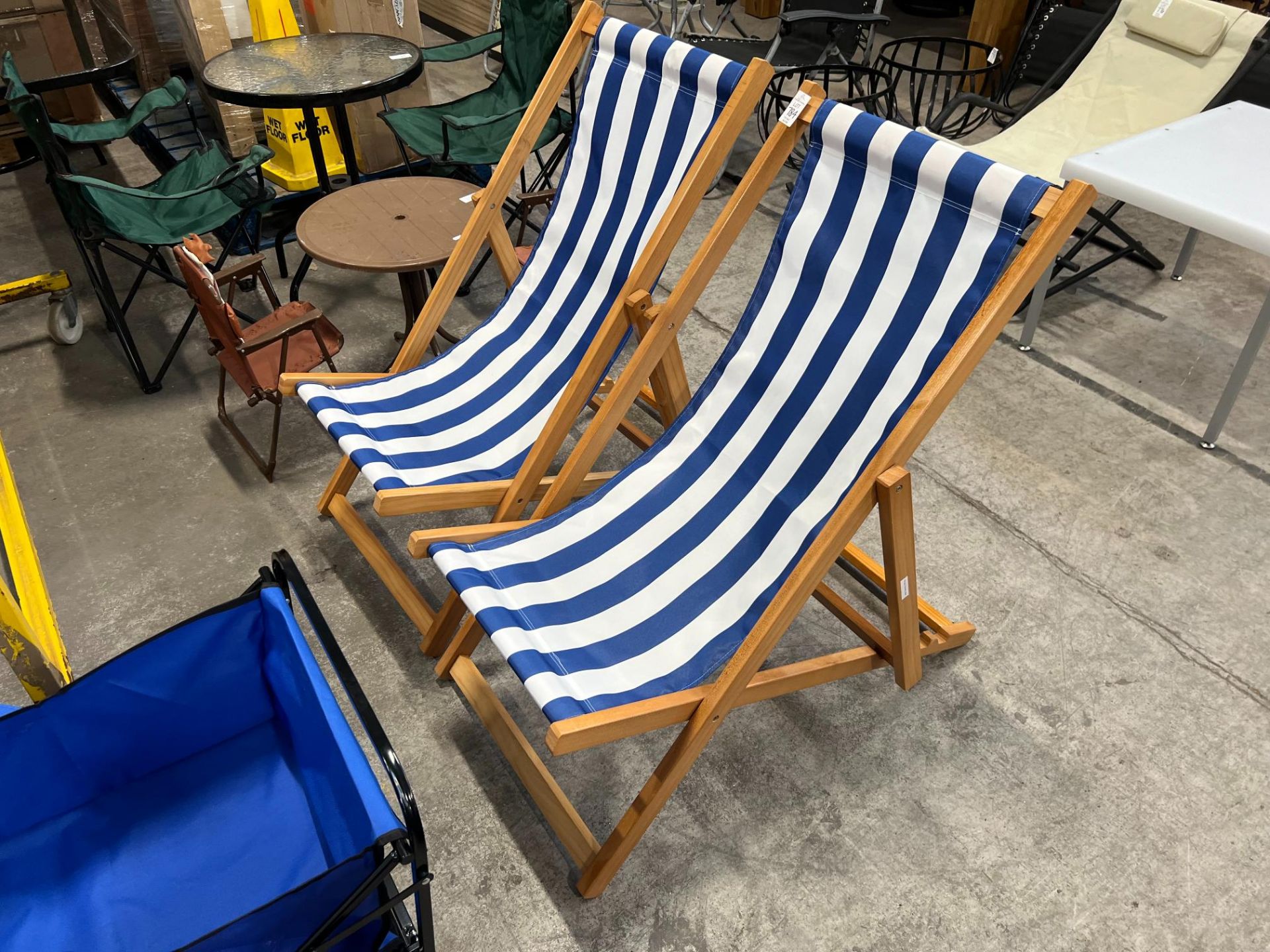 2 X WOODEN FRAMED DECK CHAIRS (NEW)