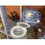 BLUE PLATTER PLATE & PAIR OF DICKENS PLATES