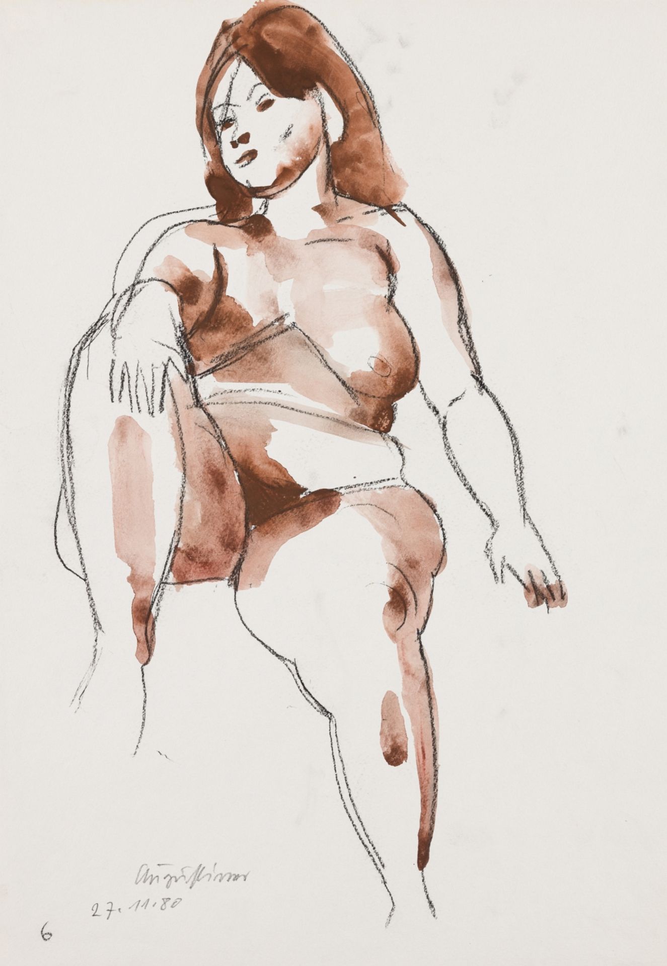 Augustiner, Werner(1922-1986)Female Nude, 27.11.1980charcoal and watercolour on papersigned and