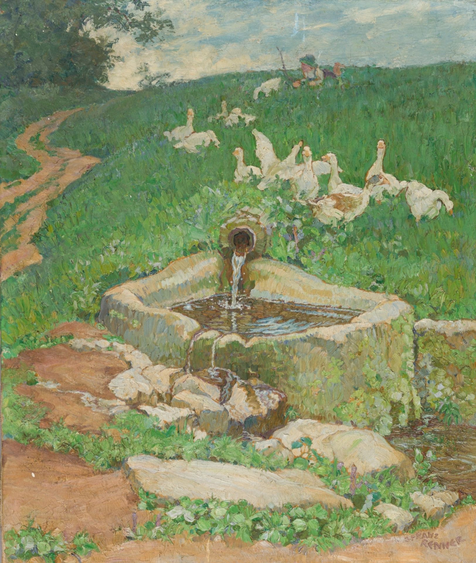 Renner, Josef FranzGeese around the Fountain oil on canvassigned lower right19,7 x 16,7 inVerso