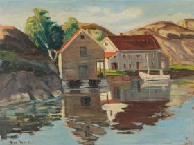 Aas, Arne(1911-1988)Houses in a Norwegian Bayoil on panelsigned and dated lower left23,5 x 31,3