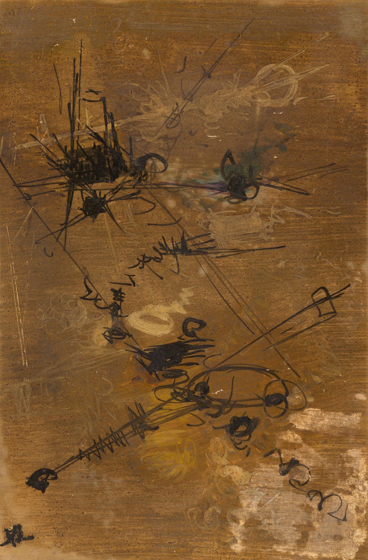 Mathieu (zugeschrieben), Georges(1921 - 2012)Untitledmixed technique on wooden platemonogrammed