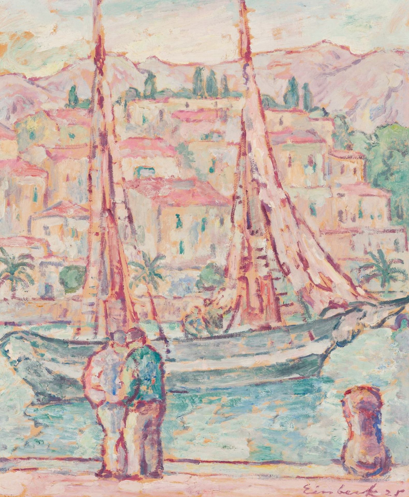 Einbeck, Georg(1871 - 1951)Fishing Boat with Figures in the Harbour of Mentone, (19)25oil on