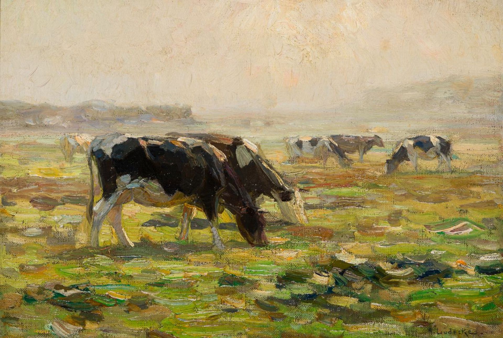 Lüdecke-Cleve, August(1868-1957)In the Morning (Cows Grazing)oil on canvassigned lower right15,1 x