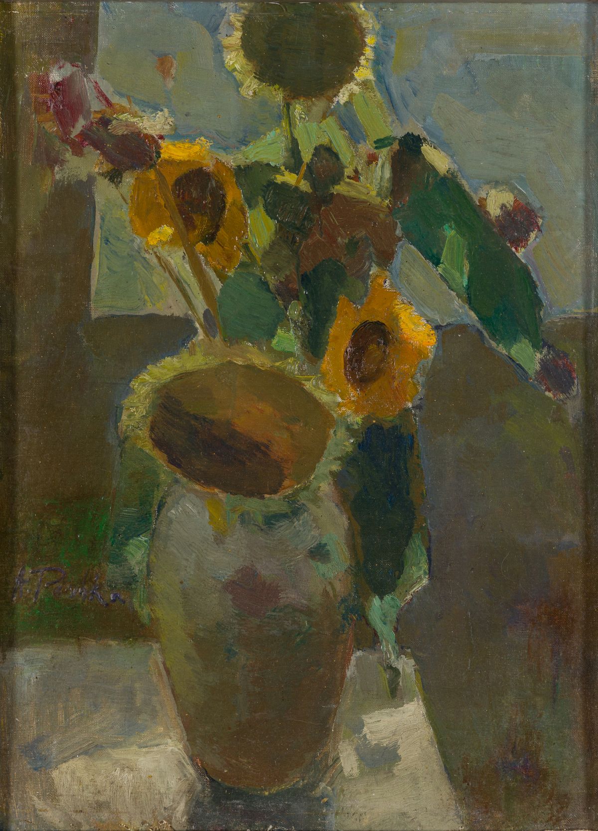 Peschka, Anton Emanuel(1885 - 1940)Sunflowersoil on canvas, laminated on platesigned lower left