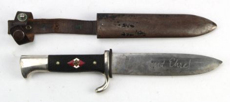 German 3rd Reich Hitler Youth dagger with scabbard and leather frog. Blade maker marked 'Tiger