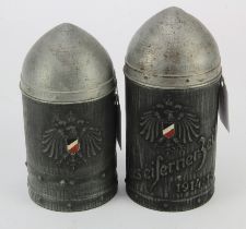 Pair Patriotic Tins in shape of munition shells with Kaiserliche Marine crest. Auseiferner zeit