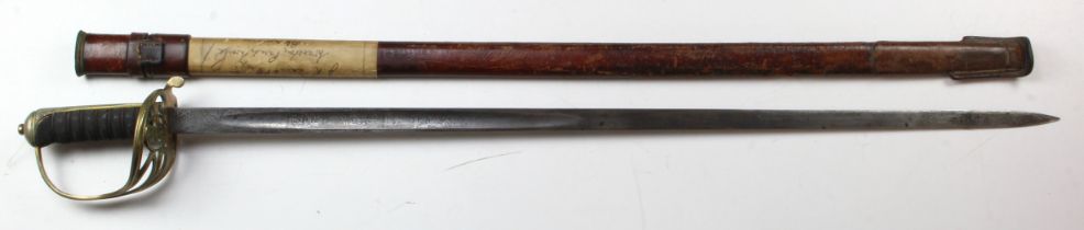 Infantry Officers 1845 Pattern Sword GV etching to blade rubbed. Wirebound fishskin grip, trade