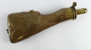American Flask & Cap Company large gun stock powder flask: Circa 1854, copper and brass, with