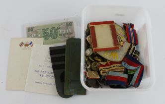 Box of mixed badges, button,s medals etc. (qty)