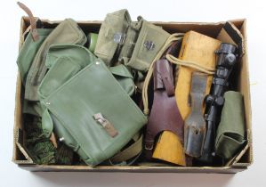 Banana box packed with militaria to include Rifle Scope, Pouches, Lanyards, Bayonet frog, etc (