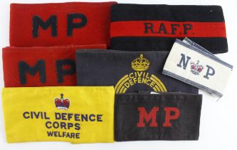 Arm bands collection of eight Military Police and Home Front.