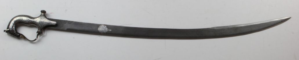 Indo-Persian Tulwar Sword with animal head hilt, silver inlay, and very fine damascus blade, no