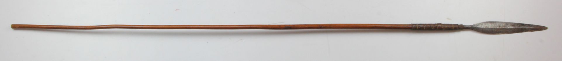 Zulu throwing Spear, wooden shaft 39", leaf shaped spear head, bound to shaft with leather (Buyer