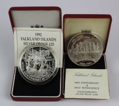 Falkland Islands £25 (2) 1985 & 1992 silver proof. FDC boxed as issued