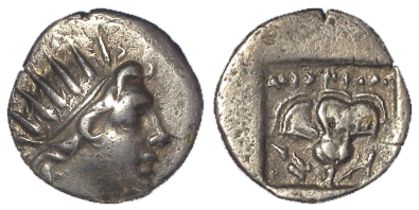 Ancient Greek Rhodos silver Drachm, 2nd-1stC BC, radiate hd. of Helios r. / rose within incuse