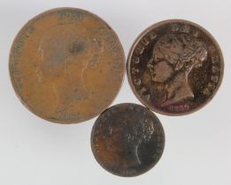 Isle of Man, Victorian copper (3): Penny 1839 VG, Halfpenny 1839 GF, and Farthing 1839 nVF
