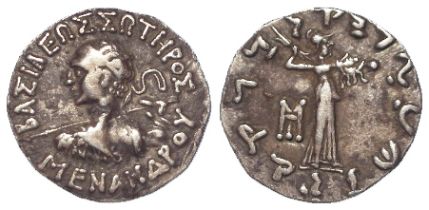 Ancient Greek (Indo-Greek Kingdom) silver Drachm of Menander, Rev: Athena stg. r., monogram in field